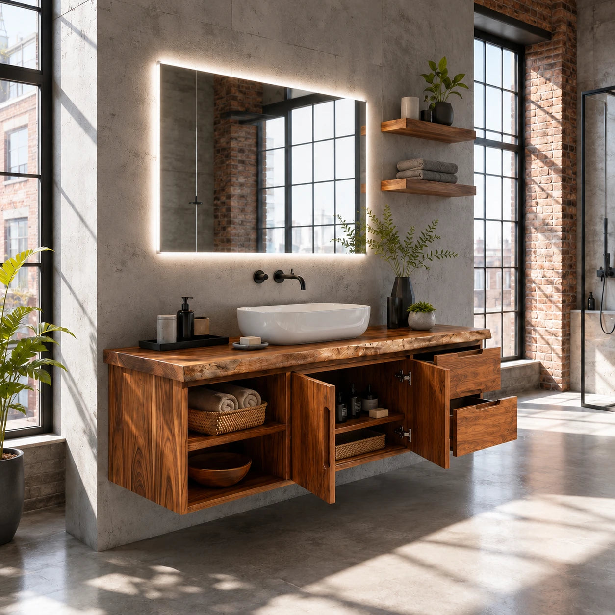 Natural Solid Wood Floating Vanity With Two Drawers and Open Side Storage - ArborisWood - 6