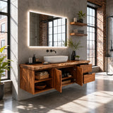 Natural Solid Wood Floating Vanity With Two Drawers and Open Side Storage - Arboriswood - 6