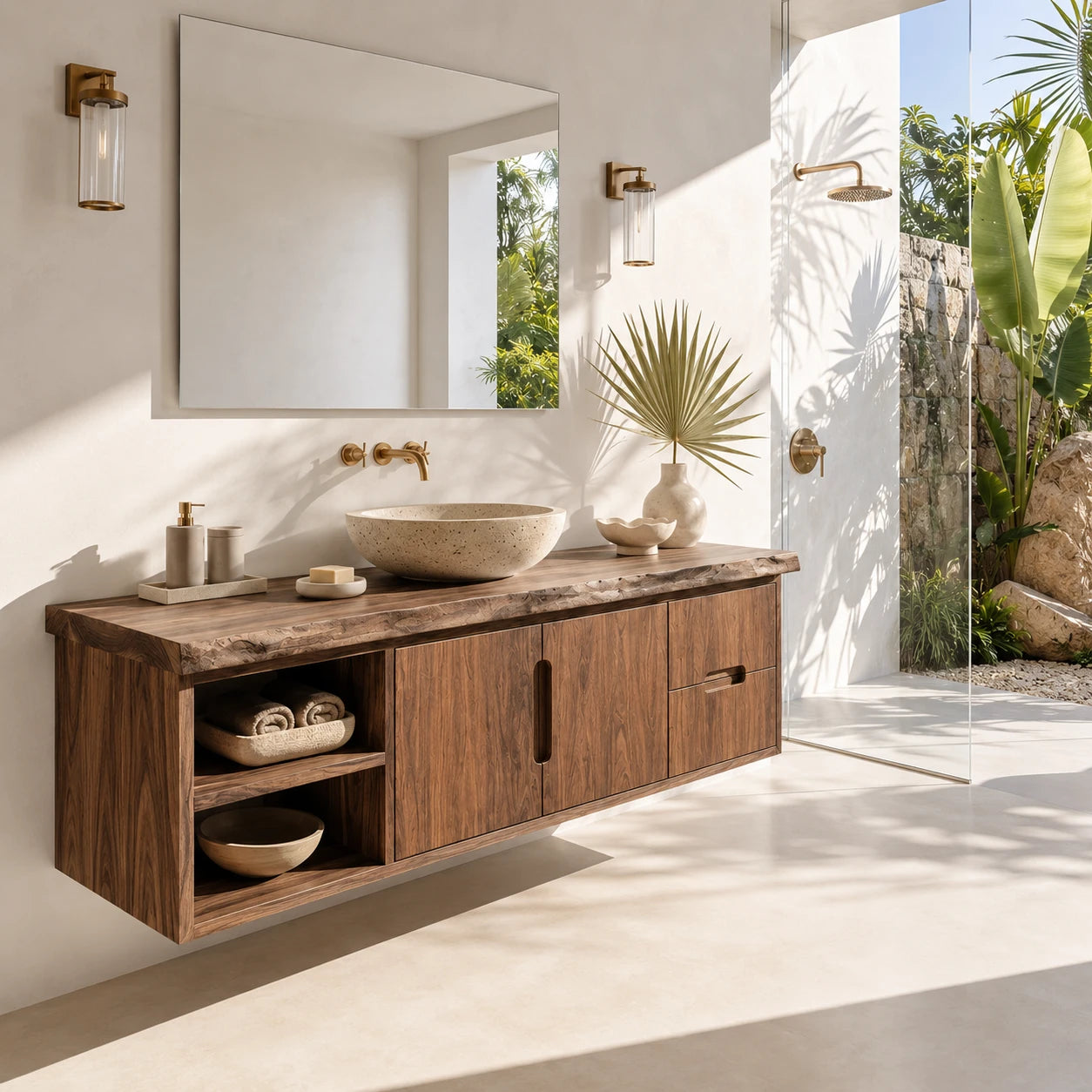 Natural Solid Wood Floating Vanity With Two Drawers and Open Side Storage - ArborisWood - 7