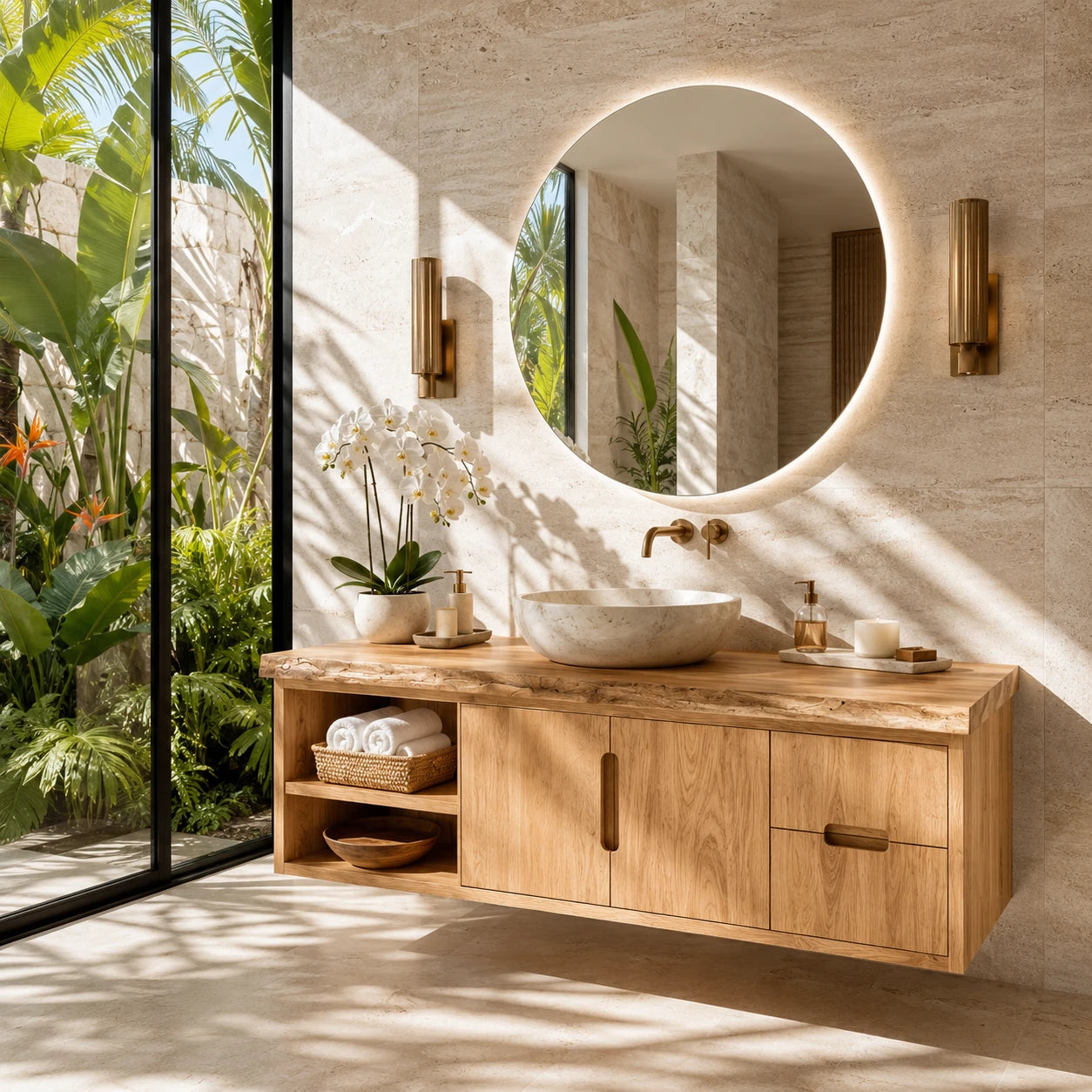 Natural Solid Wood Floating Vanity With Two Drawers and Open Side Storage - ArborisWood - 8