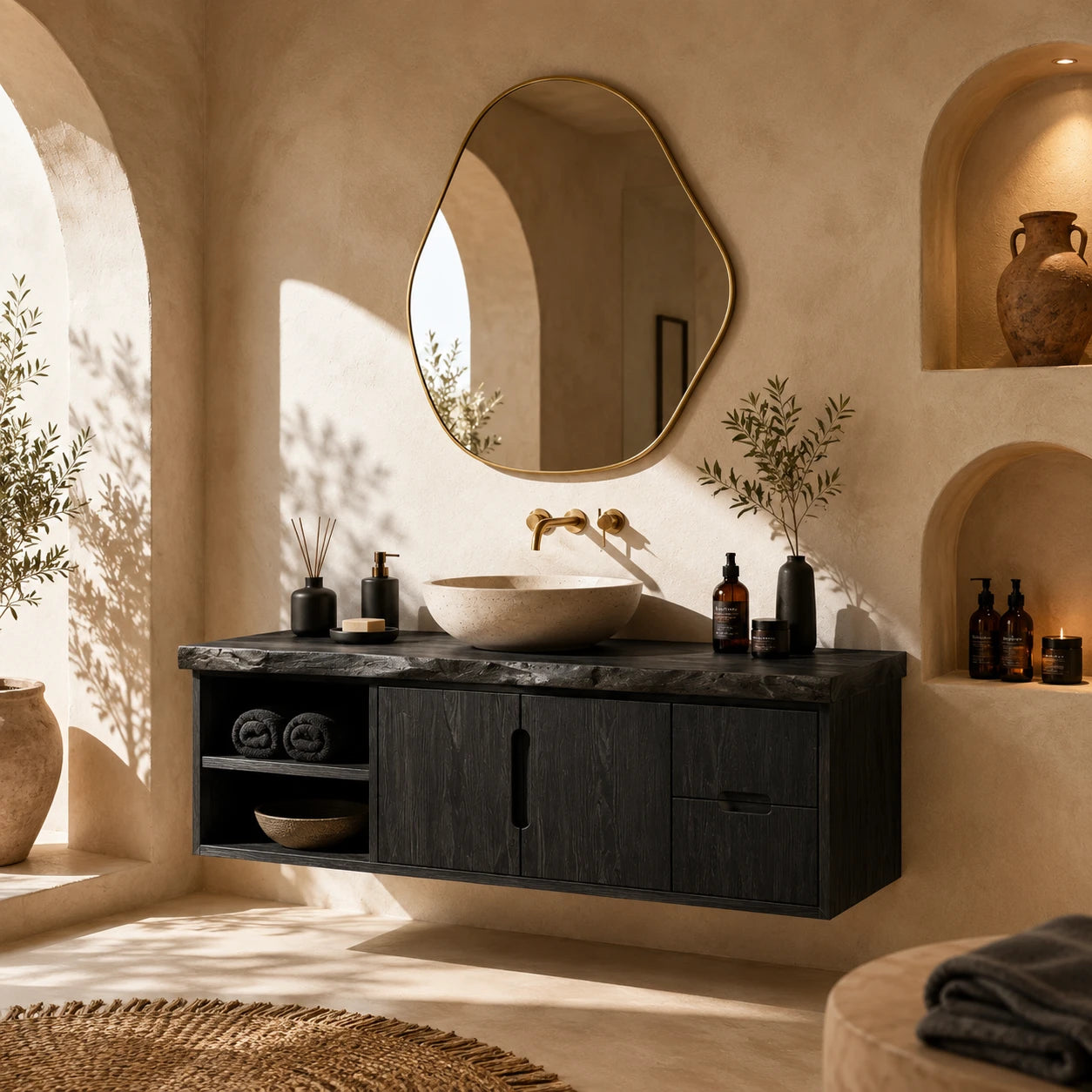 Natural Solid Wood Floating Vanity With Two Drawers and Open Side Storage - ArborisWood - 9