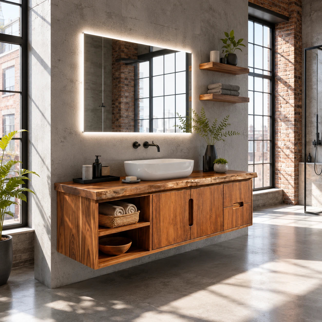 Natural Solid Wood Floating Vanity With Two Drawers and Open Side Storage - ArborisWood