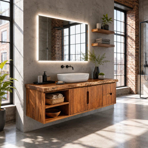 Natural Solid Wood Floating Vanity With Two Drawers and Open Side Storage - ArborisWood
