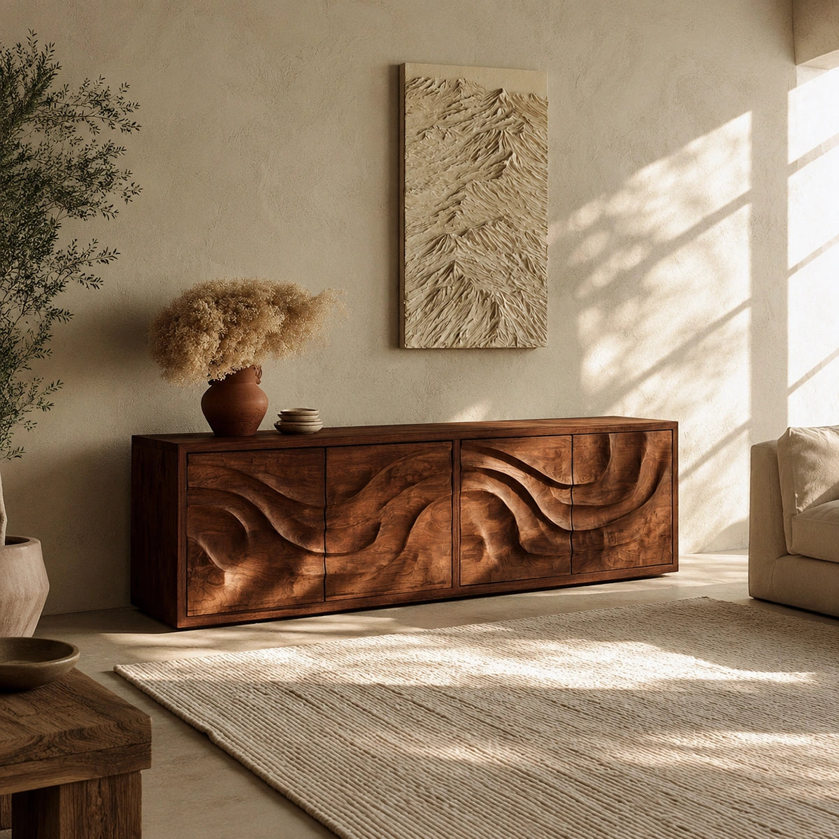 Natural Solid Wood Sideboard with Flowing Relief Doors – Wabi Sabi - Arboriswood - 1