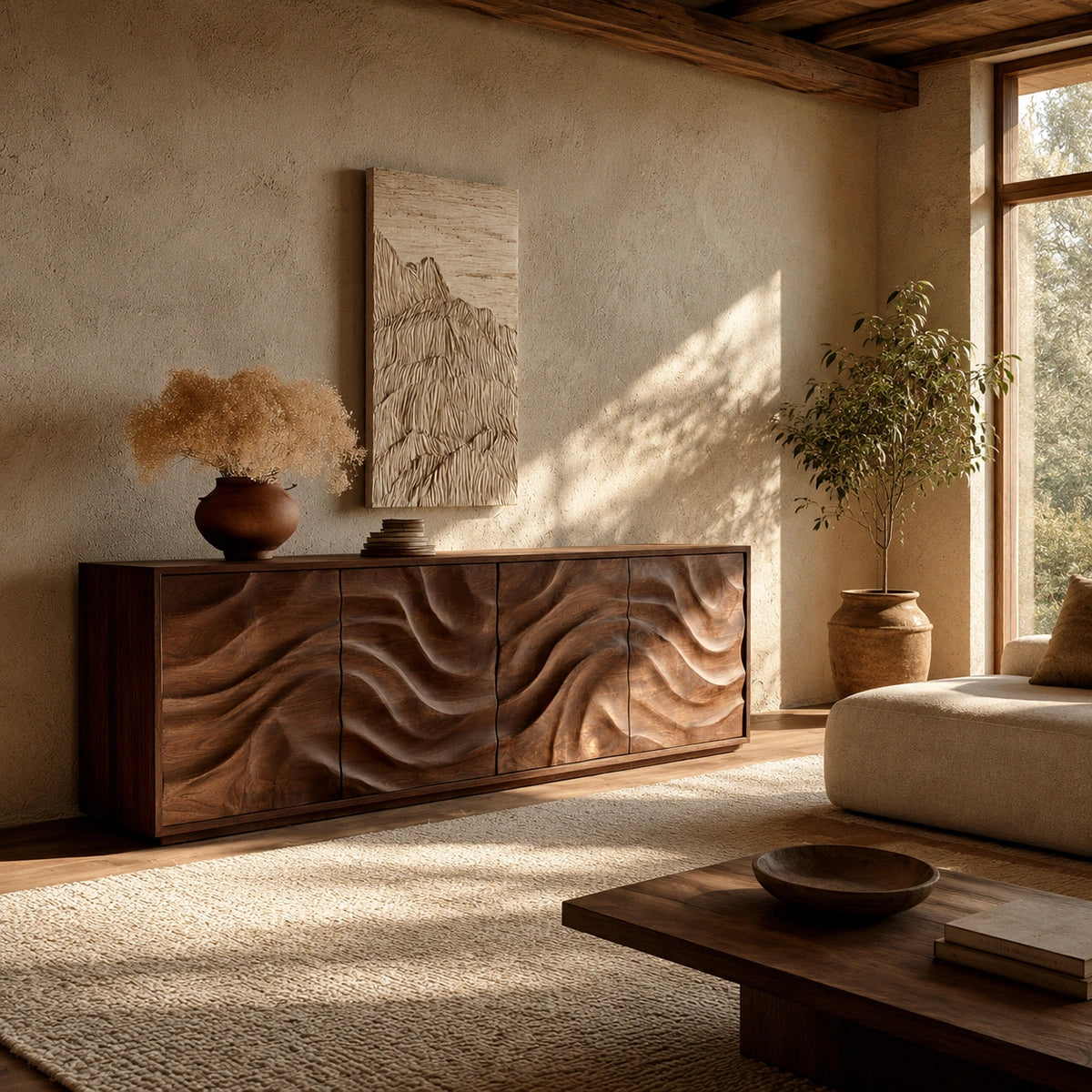 Natural Solid Wood Sideboard with Fluid Carved Doors – Modern Wabi Sabi - Arboriswood - 1