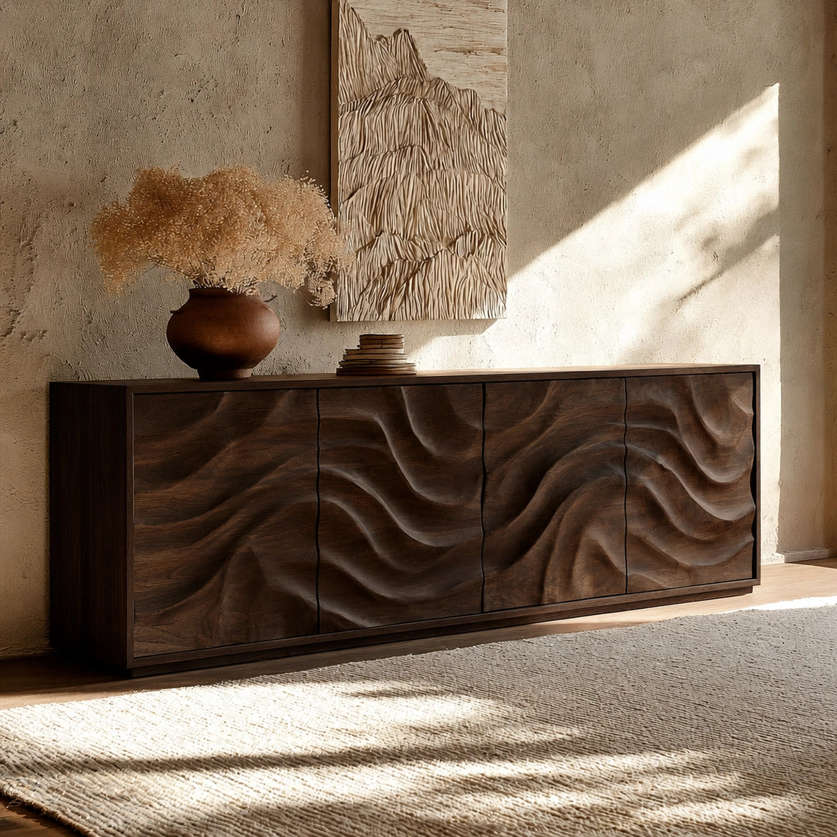 Natural Solid Wood Sideboard with Fluid Carved Doors – Modern Wabi Sabi - Arboriswood - 10