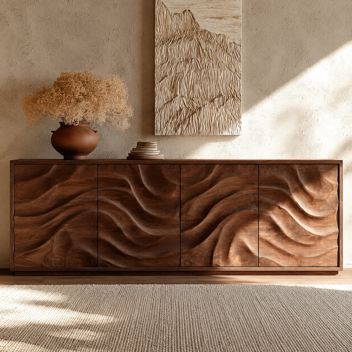 Natural Solid Wood Sideboard with Fluid Carved Doors – Modern Wabi Sabi - Arboriswood - 2