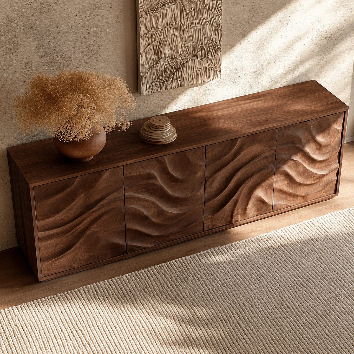 Natural Solid Wood Sideboard with Fluid Carved Doors – Modern Wabi Sabi - Arboriswood - 4