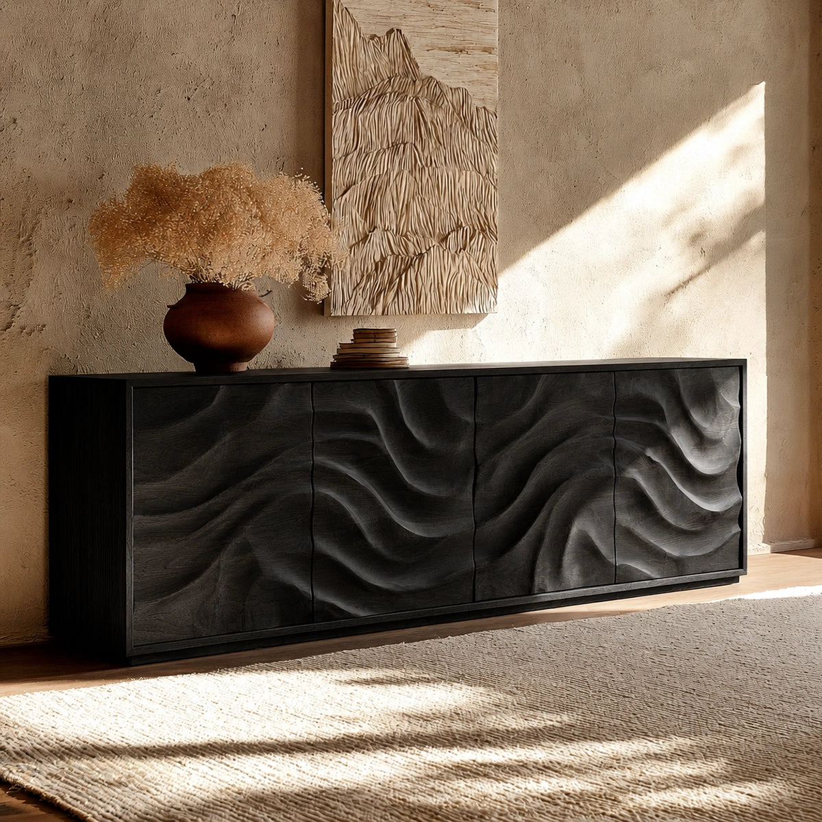 Natural Solid Wood Sideboard with Fluid Carved Doors – Modern Wabi Sabi - Arboriswood - 8