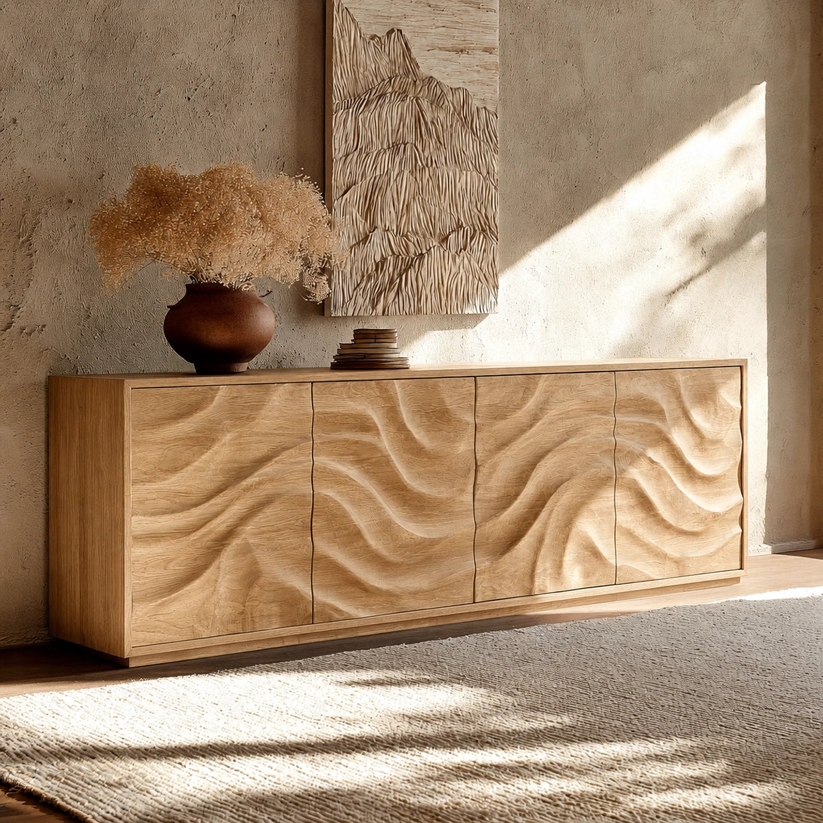 Natural Solid Wood Sideboard with Fluid Carved Doors – Modern Wabi Sabi - Arboriswood - 9