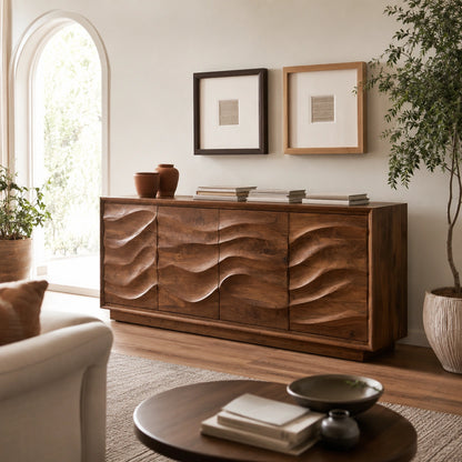 Natural Solid Wood Sideboard with Hand-Carved Wave Doors – Scandinavian - Arboriswood - 1