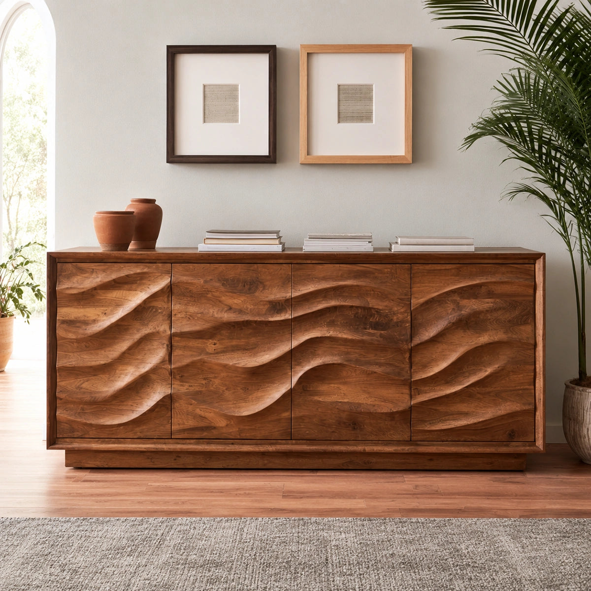 Natural Solid Wood Sideboard with Hand-Carved Wave Doors – Scandinavian - Arboriswood - 2