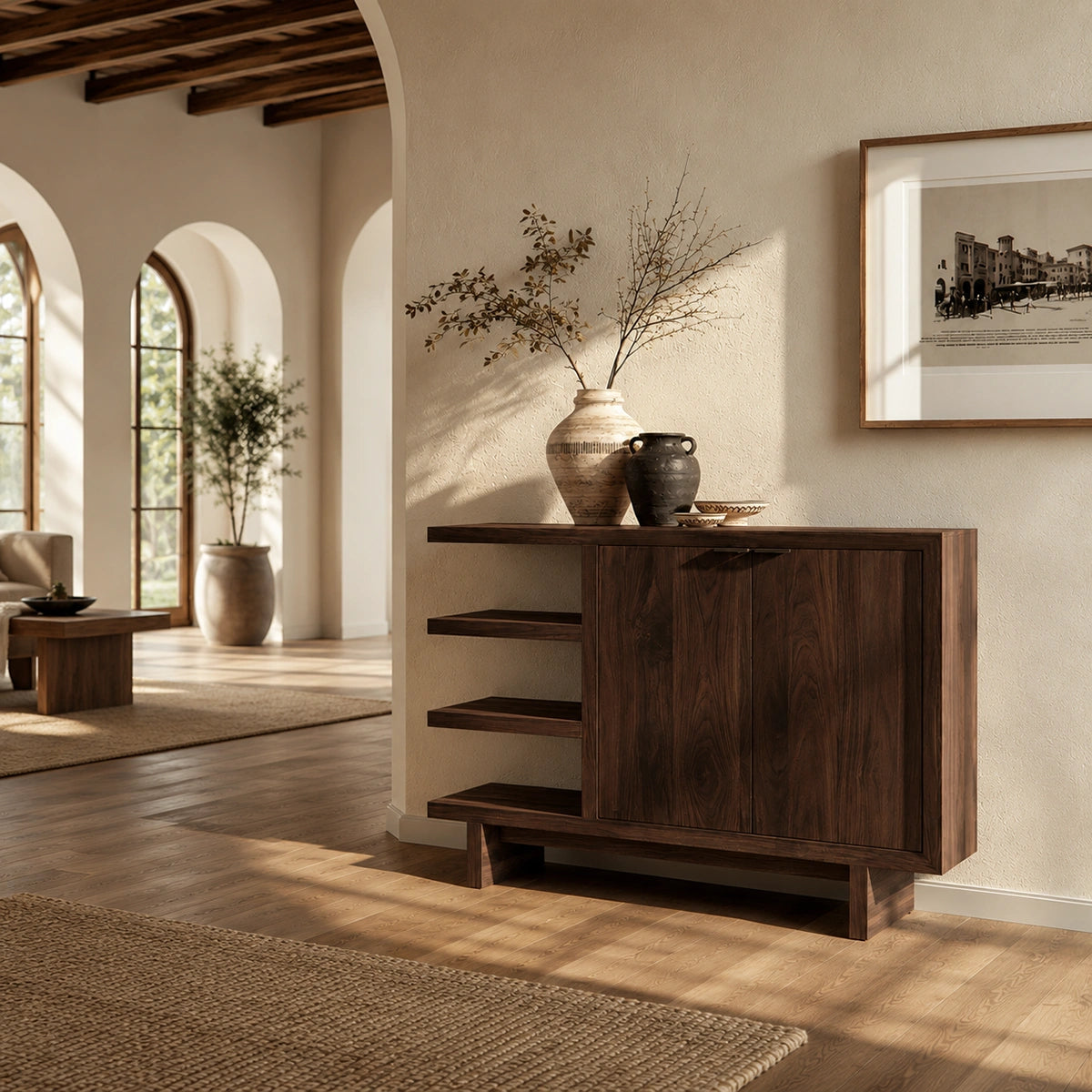 Natural Solid Wood Sideboard with Open Shelving and Cabinet Door – Japandi - Arboriswood - 1