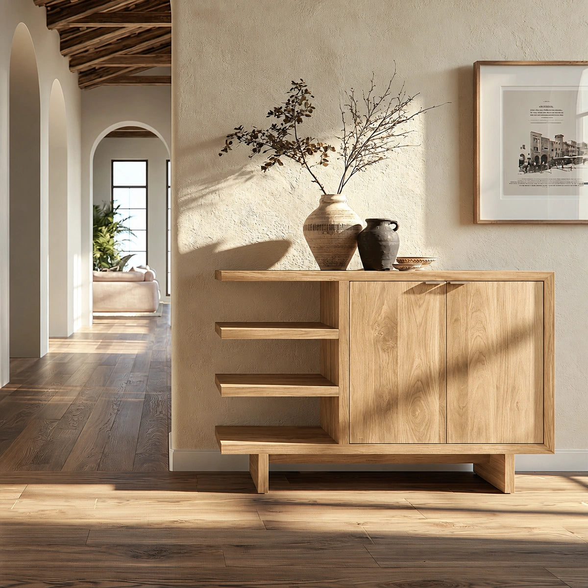 Natural Solid Wood Sideboard with Open Shelving and Cabinet Door – Japandi - Arboriswood - 10
