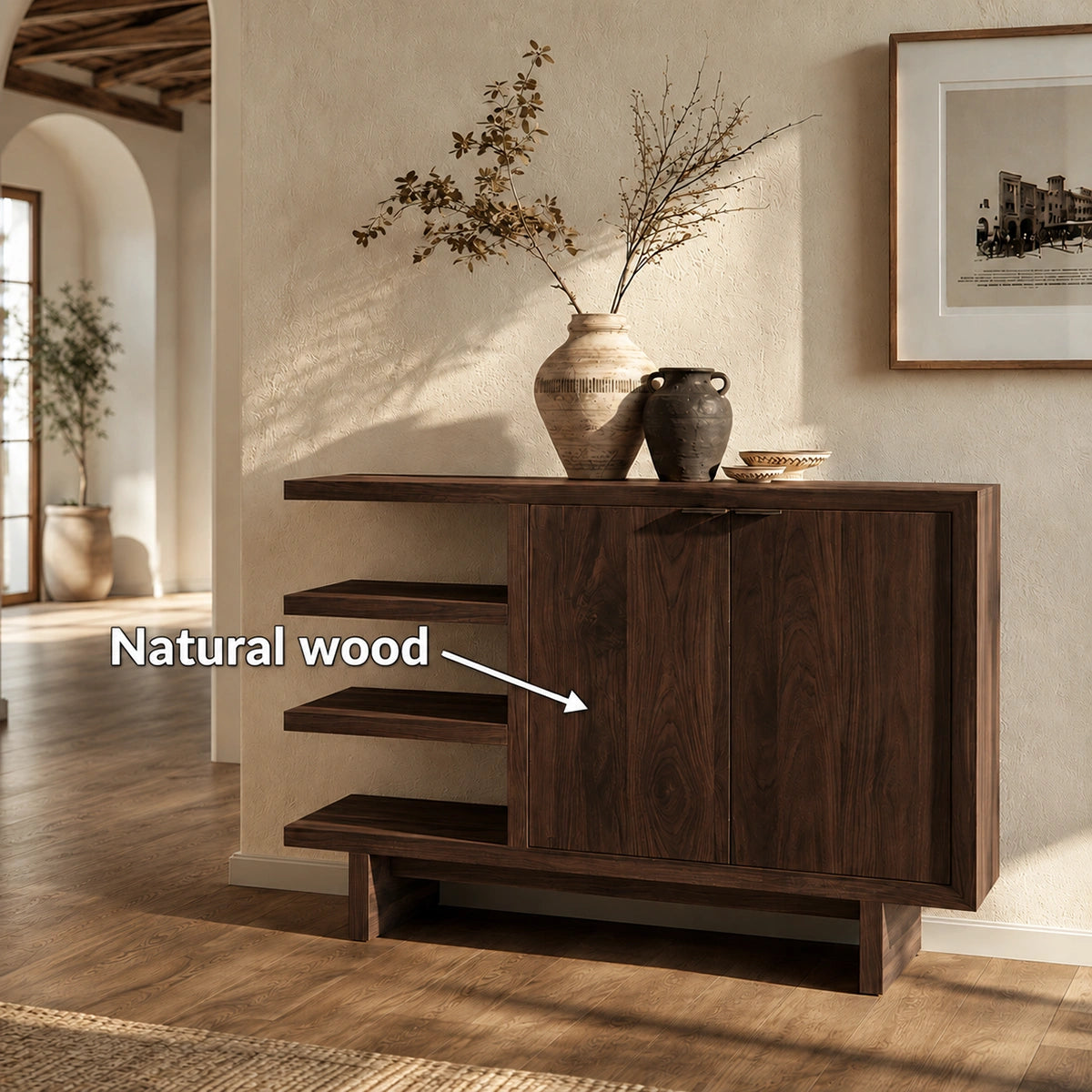 Natural Solid Wood Sideboard with Open Shelving and Cabinet Door – Japandi - Arboriswood - 5
