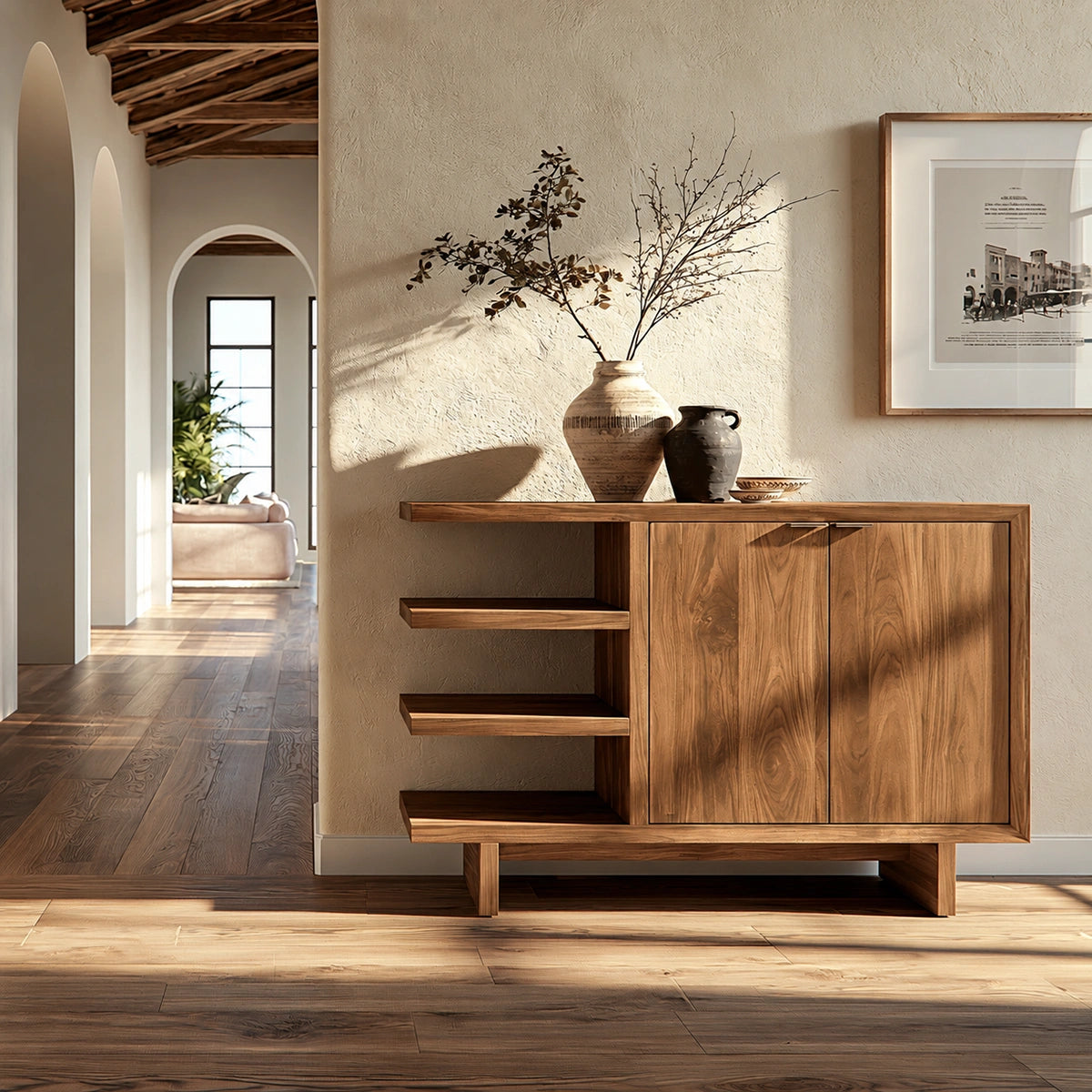 Natural Solid Wood Sideboard with Open Shelving and Cabinet Door – Japandi - Arboriswood - 9