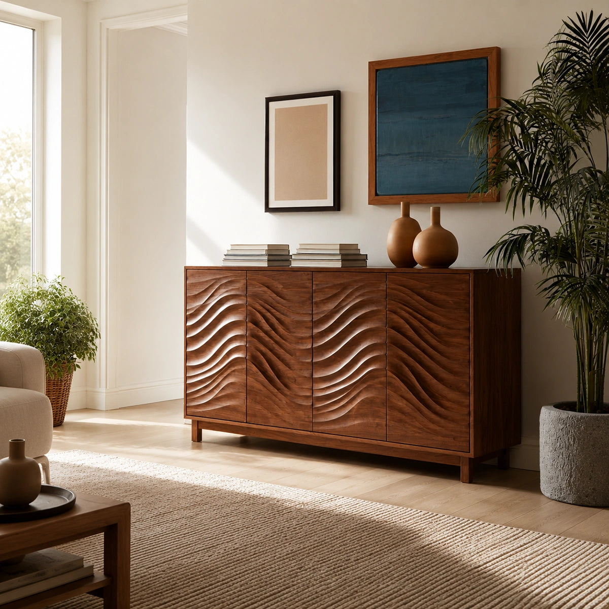 Natural Solid Wood Sideboard with Sculptural Wave Carving – Japandi - Arboriswood - 1