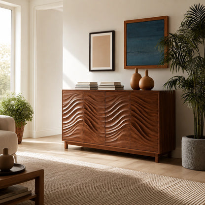 Natural Solid Wood Sideboard with Sculptural Wave Carving – Japandi - Arboriswood - 1