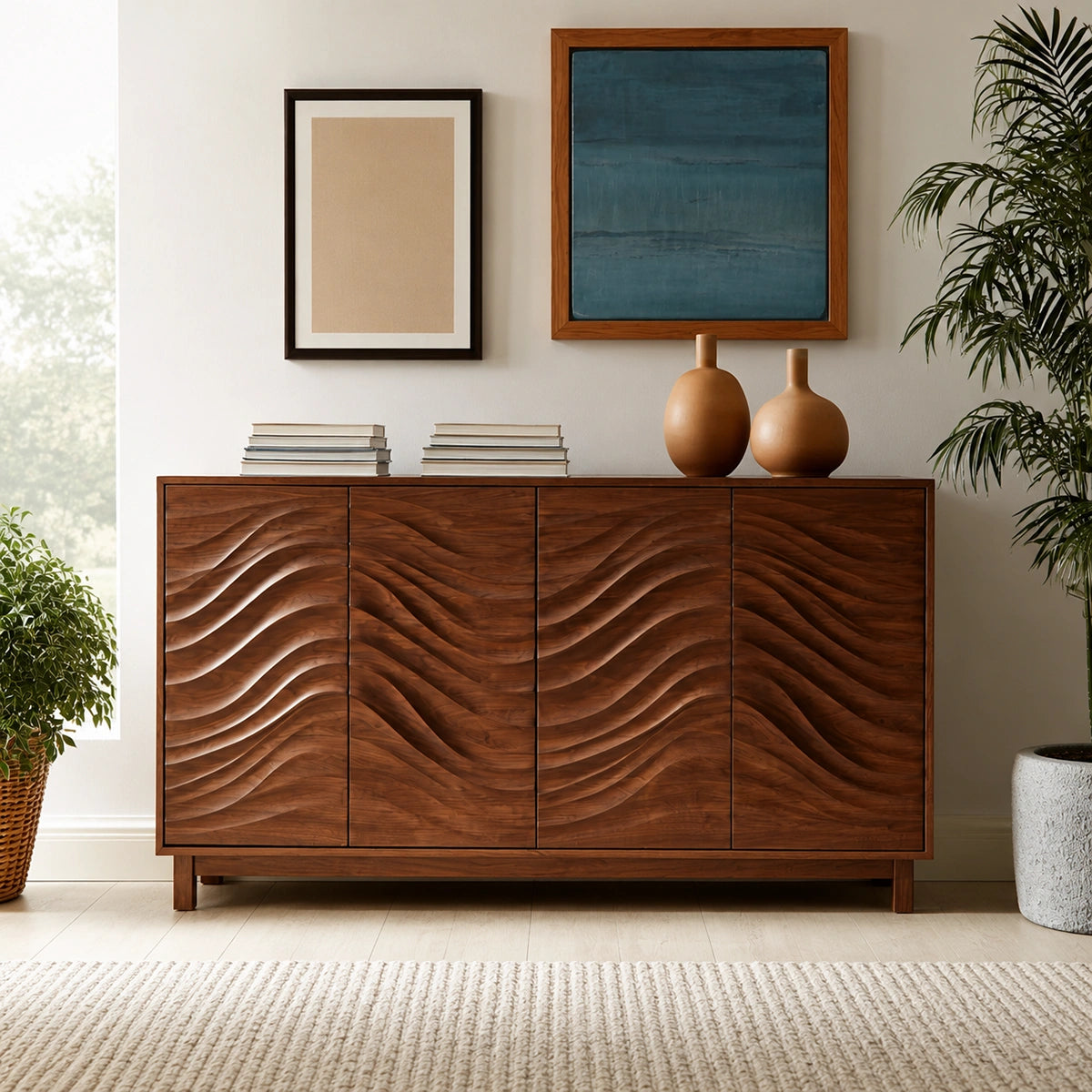 Natural Solid Wood Sideboard with Sculptural Wave Carving – Japandi - Arboriswood - 2