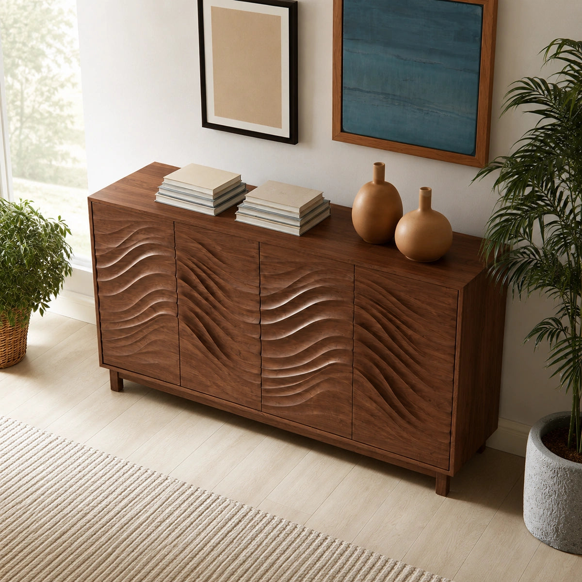 Natural Solid Wood Sideboard with Sculptural Wave Carving – Japandi - Arboriswood - 4
