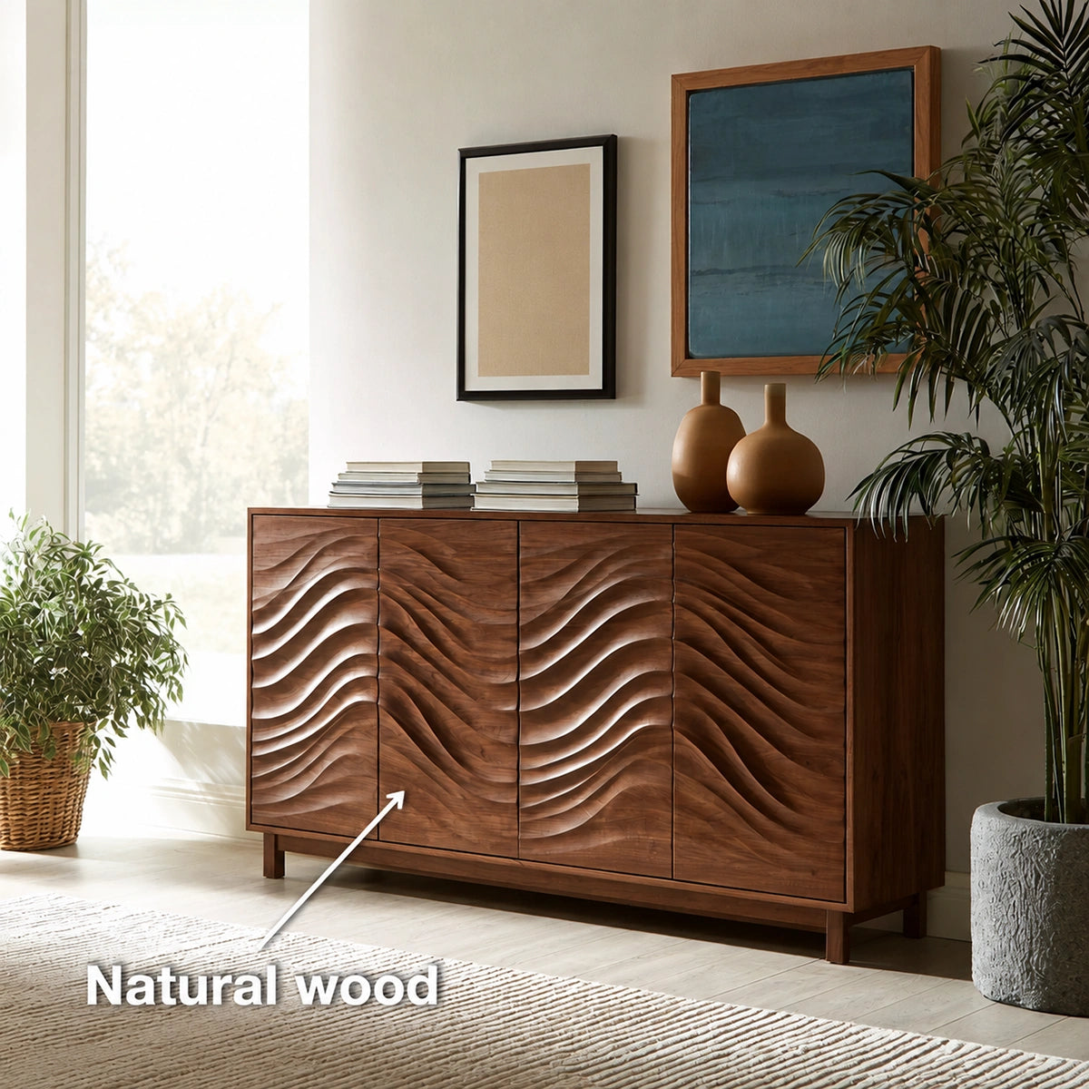 Natural Solid Wood Sideboard with Sculptural Wave Carving – Japandi - Arboriswood - 5