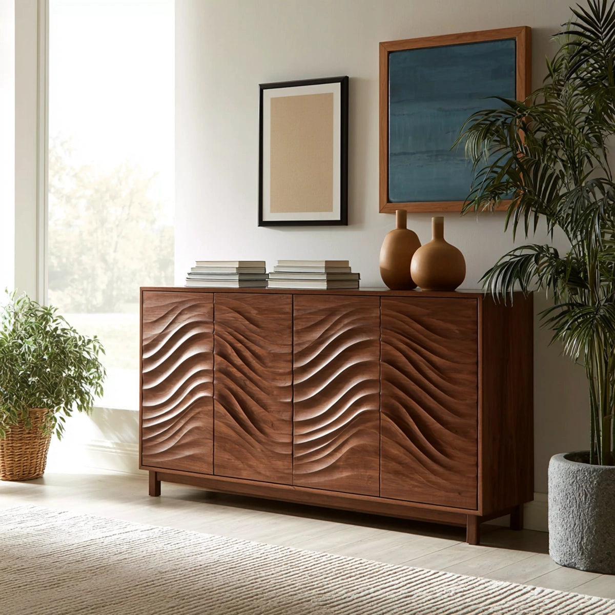 Natural Solid Wood Sideboard with Sculptural Wave Carving – Japandi - Arboriswood - 7