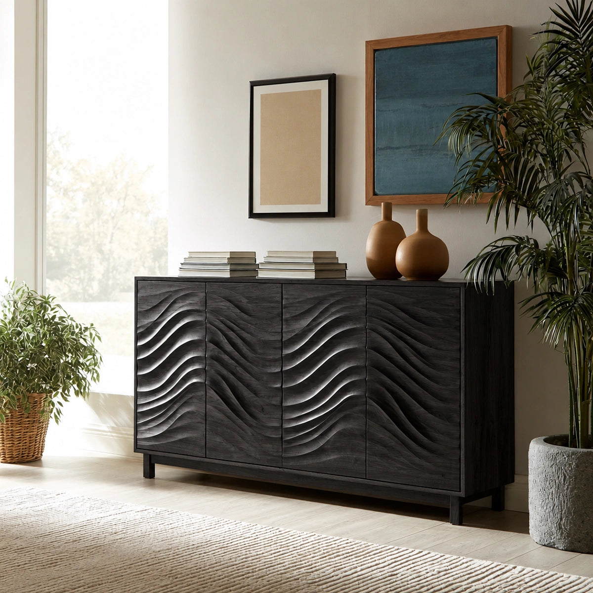 Natural Solid Wood Sideboard with Sculptural Wave Carving – Japandi - Arboriswood - 8