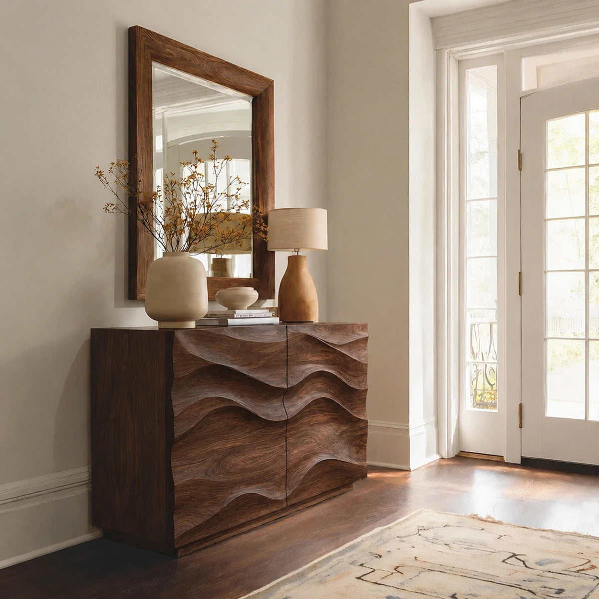 Natural Solid Wood Sideboard with Wave-Carved Cabinet Doors – Minimalist - Arboriswood - 10