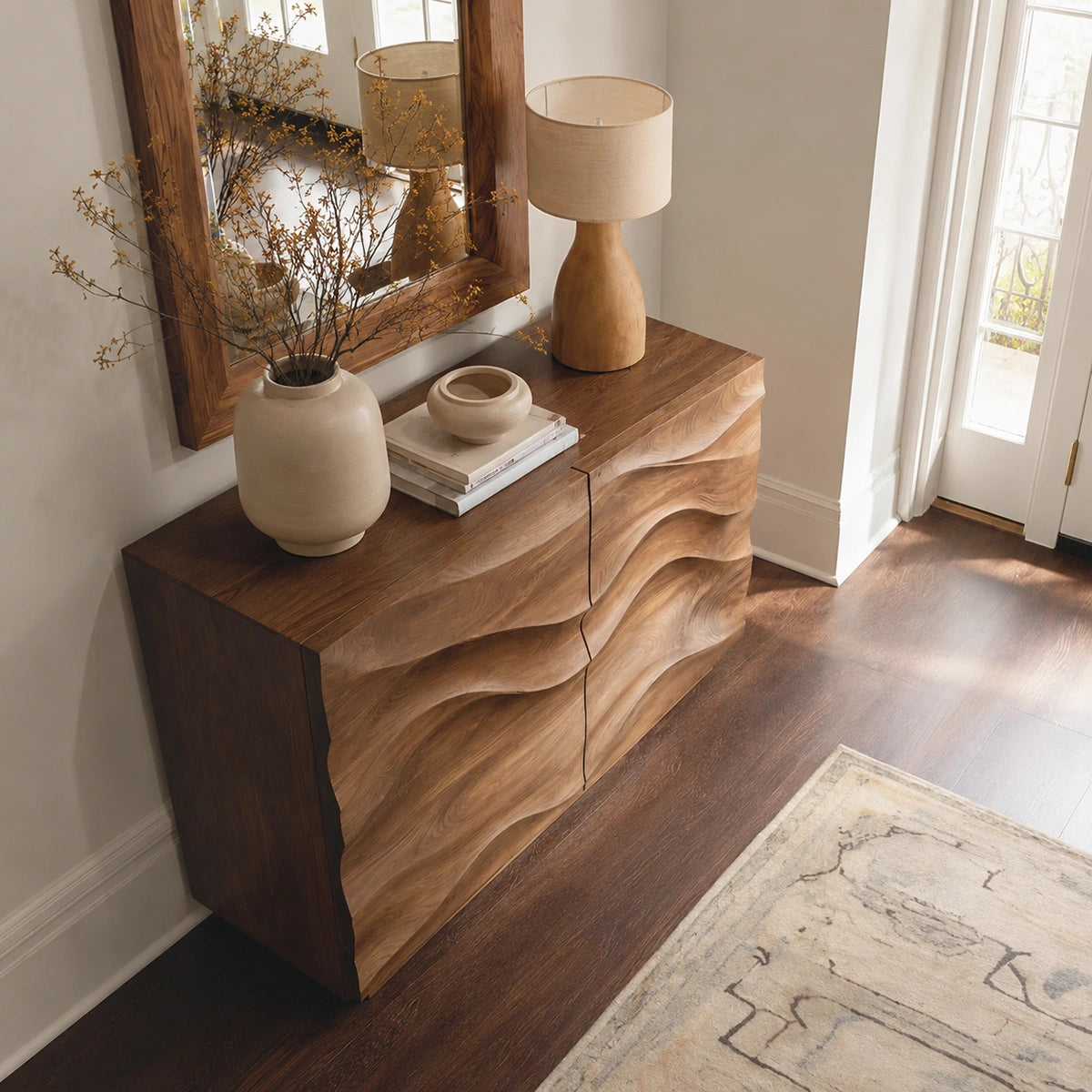 Natural Solid Wood Sideboard with Wave-Carved Cabinet Doors – Minimalist - Arboriswood - 4