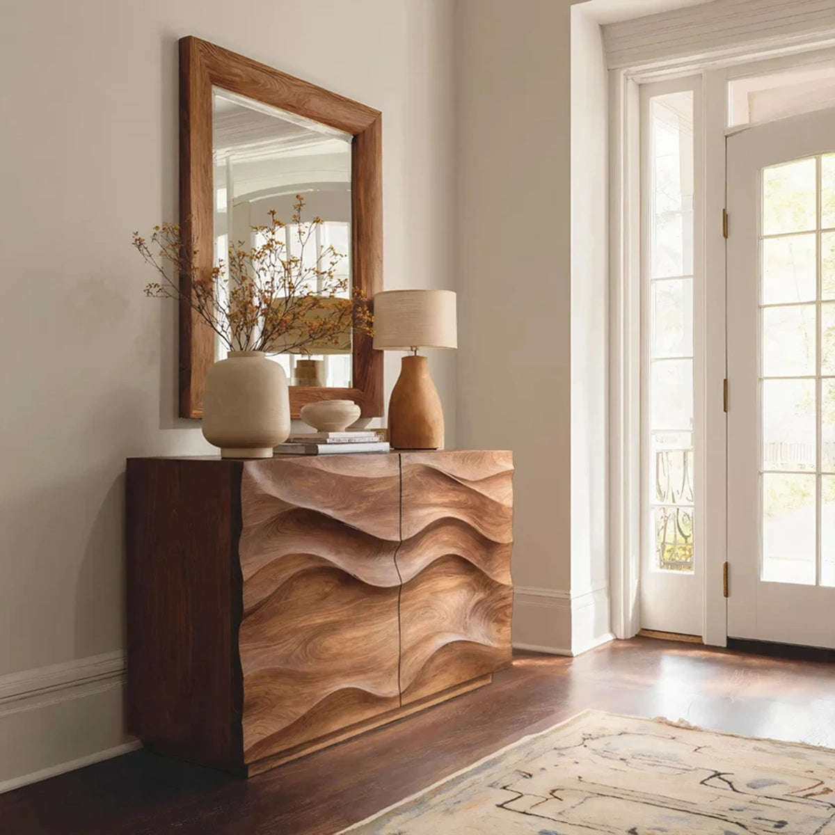 Natural Solid Wood Sideboard with Wave-Carved Cabinet Doors – Minimalist - Arboriswood - 7