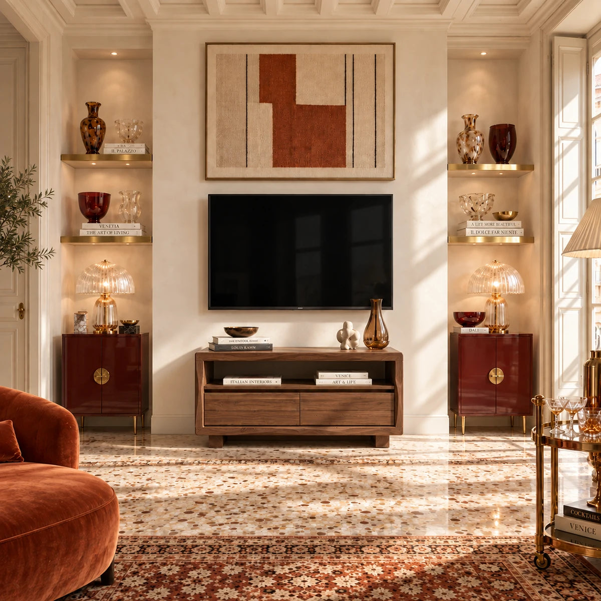 Crafted media unit in natural solid wood with walnut tone finish and shelf space