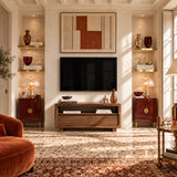 A TV cabinet in natural solid wood with walnut tone finish and open storage space