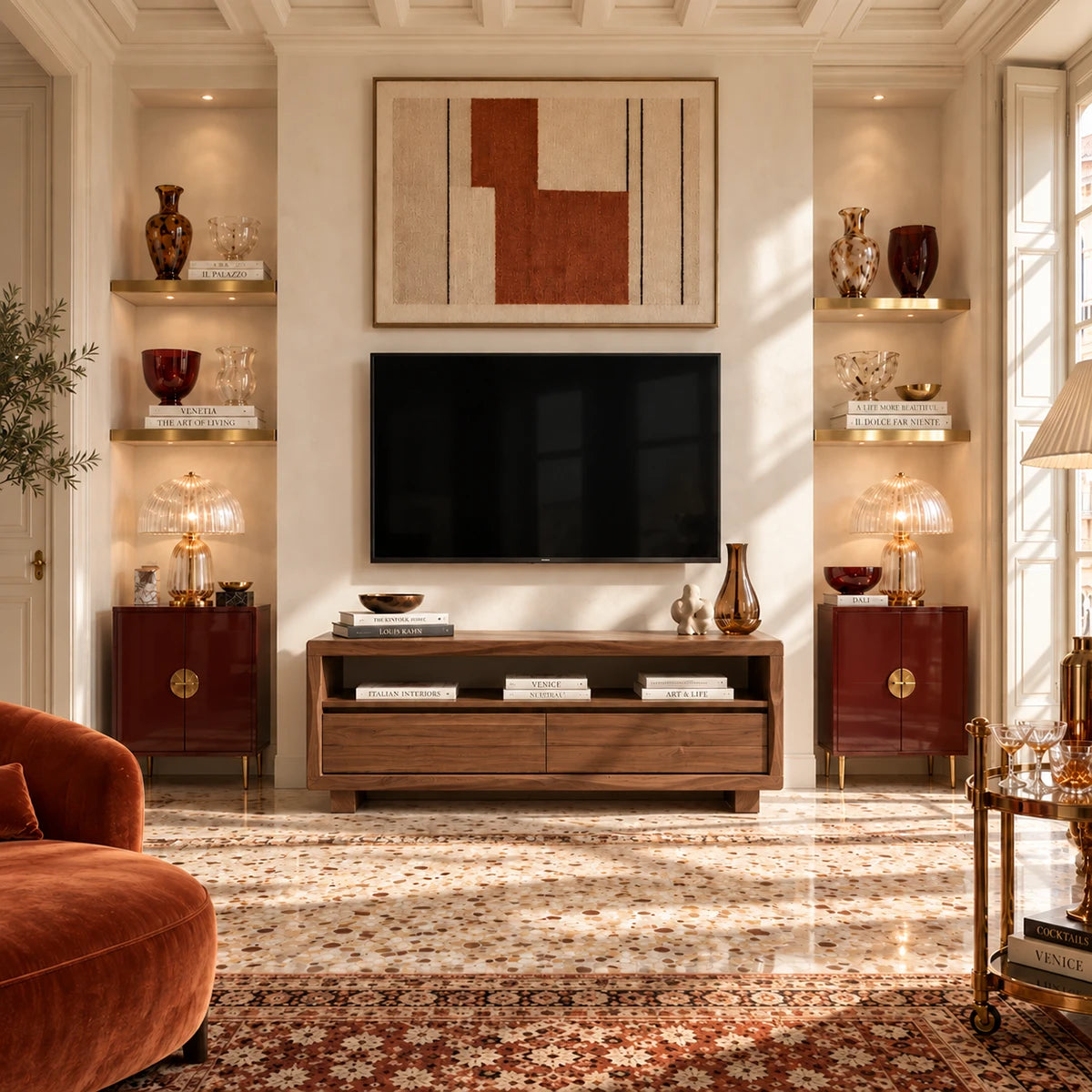 Minimal console for TV in natural solid wood with walnut tone finish and drawers