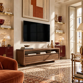 TV stand in natural solid wood with walnut tone finish, shelf, and two drawers below
