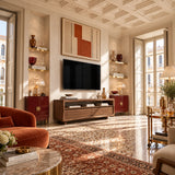 Modern media console in natural solid wood with walnut tone finish and shelf storage