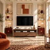Elegant entertainment center in natural solid wood with walnut tone finish and storage