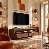 Refined media cabinet in natural solid wood with walnut tone finish and shelf space
