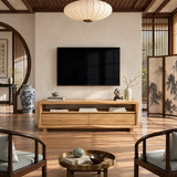 Designed as a TV stand with storage, natural solid wood and walnut tone finish style