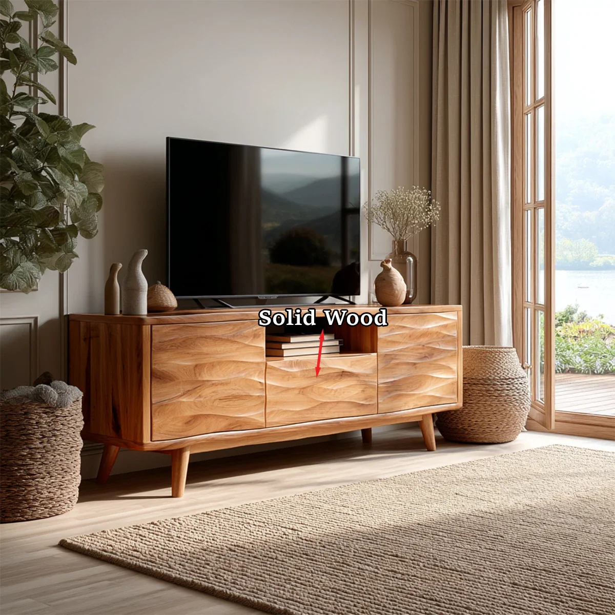 Natural Solid Wood TV Stand with Center Drawer and Side Door Storage - ArborisWood - 10
