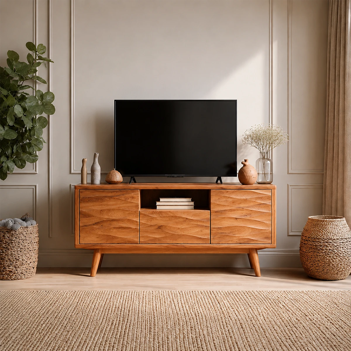 Natural Solid Wood TV Stand with Center Drawer and Side Door Storage - ArborisWood - 12