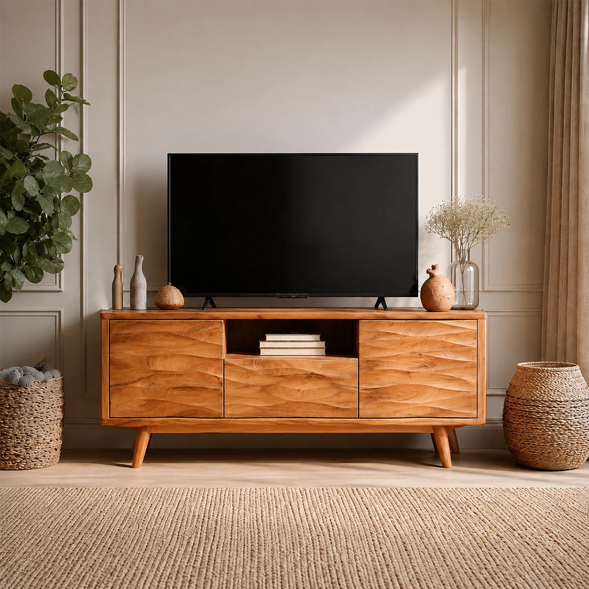 Natural Solid Wood TV Stand with Center Drawer and Side Door Storage - ArborisWood - 13