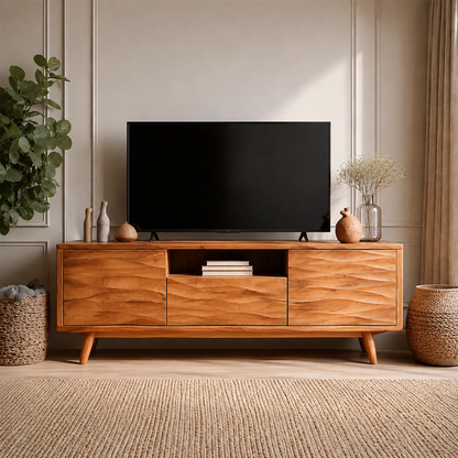 Natural Solid Wood TV Stand with Center Drawer and Side Door Storage - ArborisWood - 14