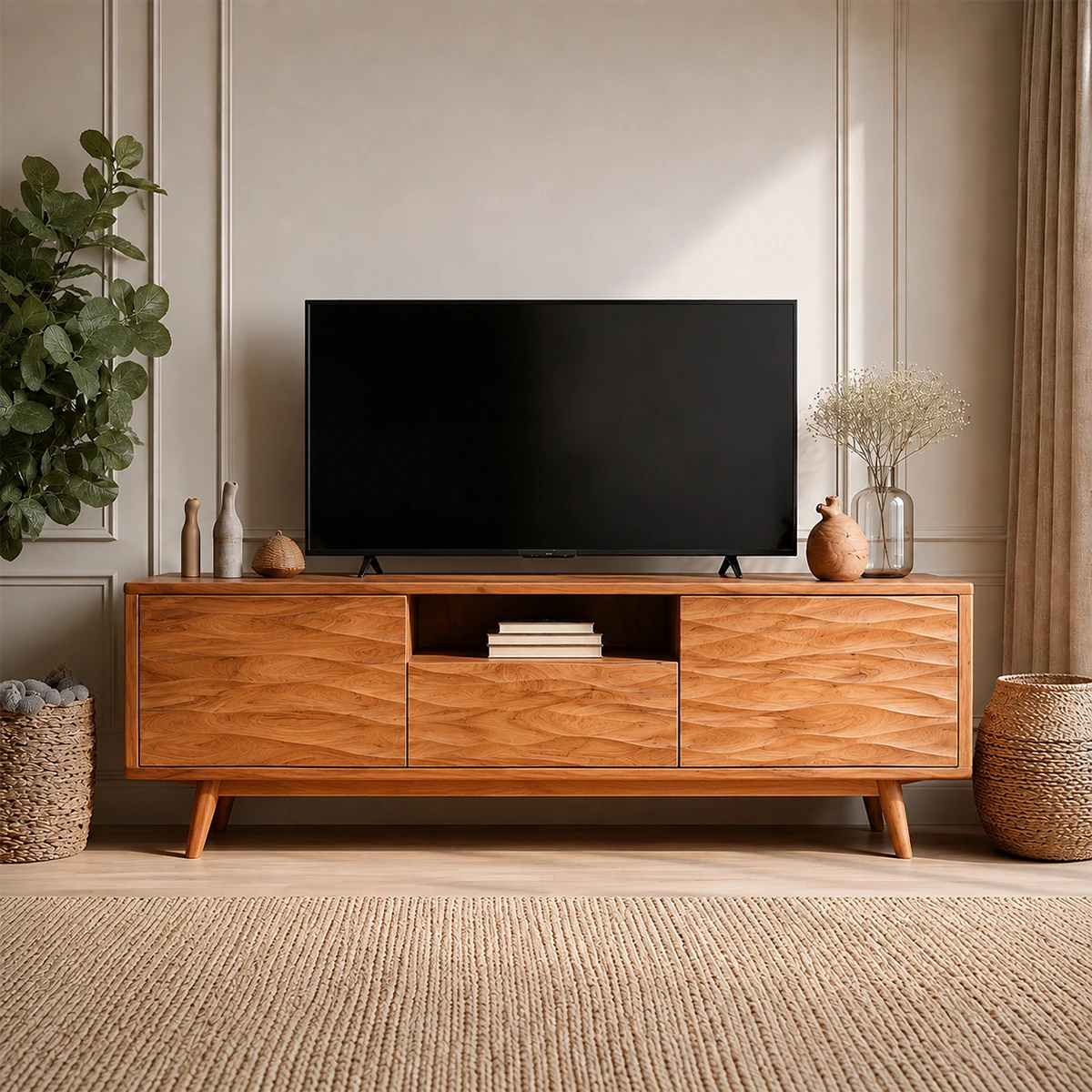 Natural Solid Wood TV Stand with Center Drawer and Side Door Storage - ArborisWood - 15