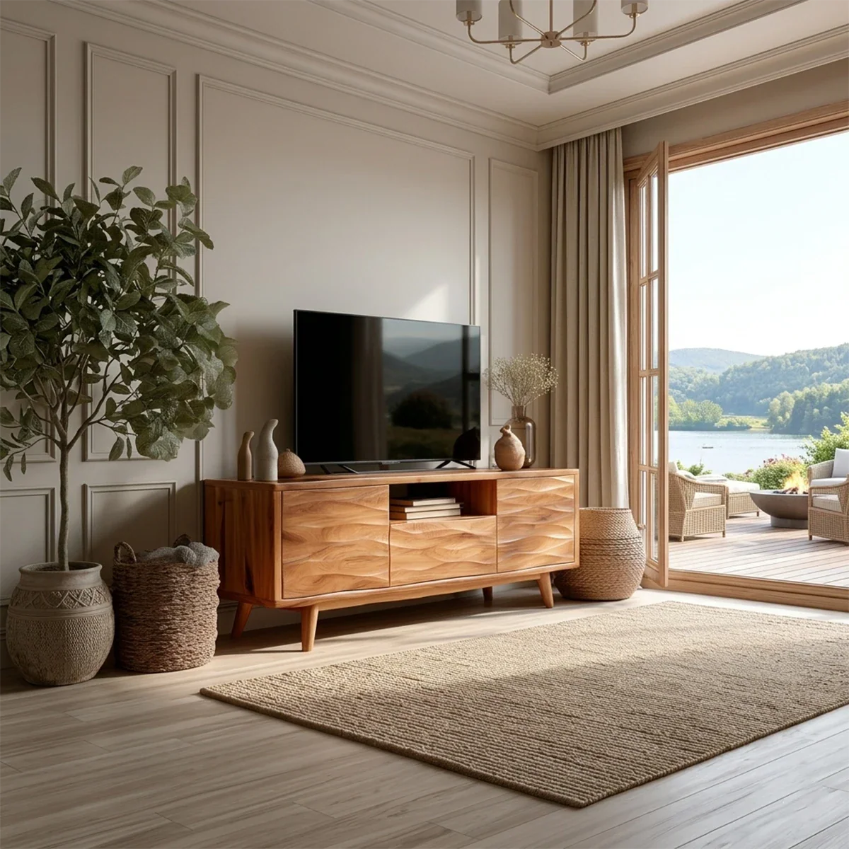 Natural Solid Wood TV Stand with Center Drawer and Side Door Storage - ArborisWood - 2
