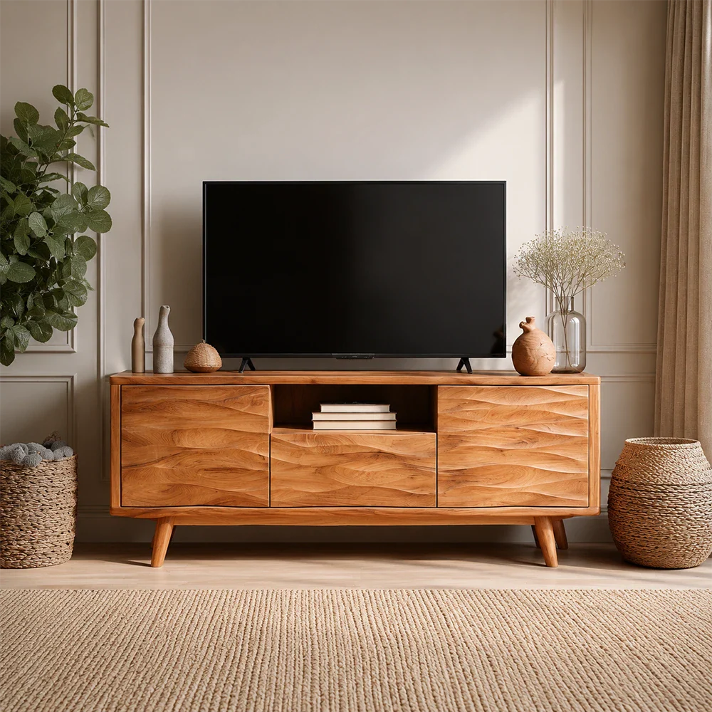 Natural Solid Wood TV Stand with Center Drawer and Side Door Storage - ArborisWood - 3