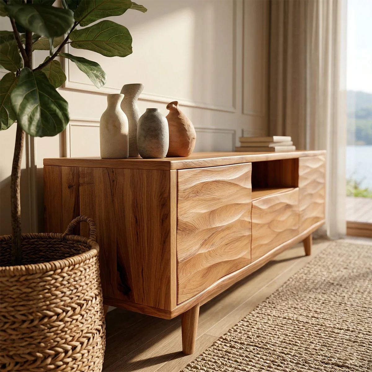 Natural Solid Wood TV Stand with Center Drawer and Side Door Storage - ArborisWood - 4