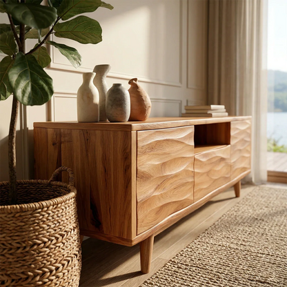 Natural Solid Wood TV Stand with Center Drawer and Side Door Storage - ArborisWood - 4