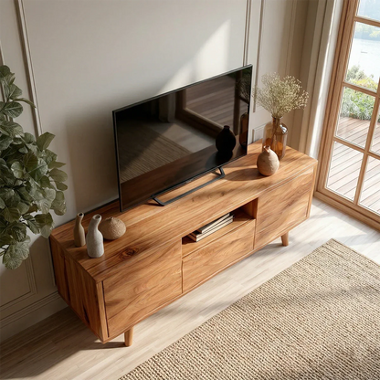 Natural Solid Wood TV Stand with Center Drawer and Side Door Storage - ArborisWood - 6