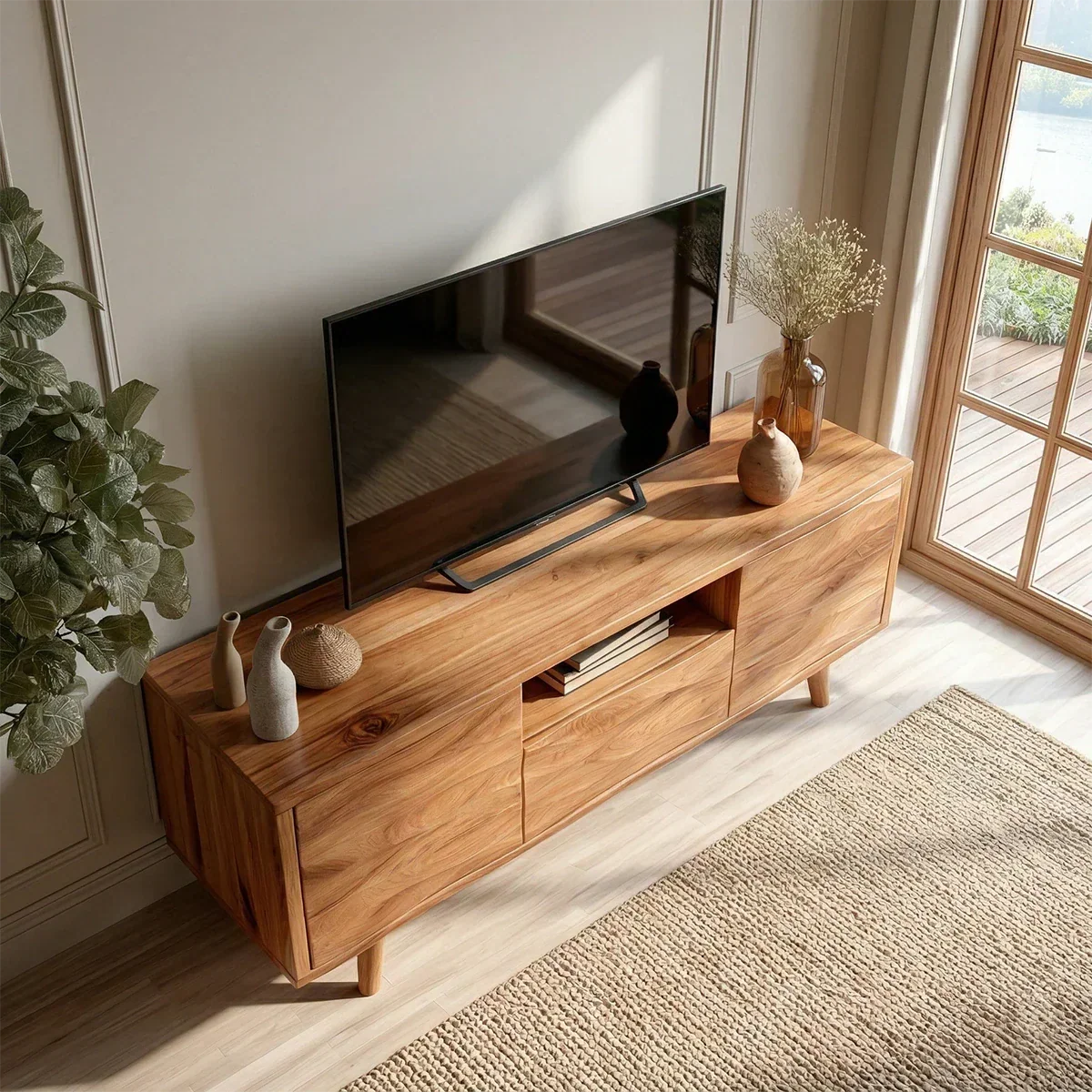 Natural Solid Wood TV Stand with Center Drawer and Side Door Storage - Arboriswood - 6