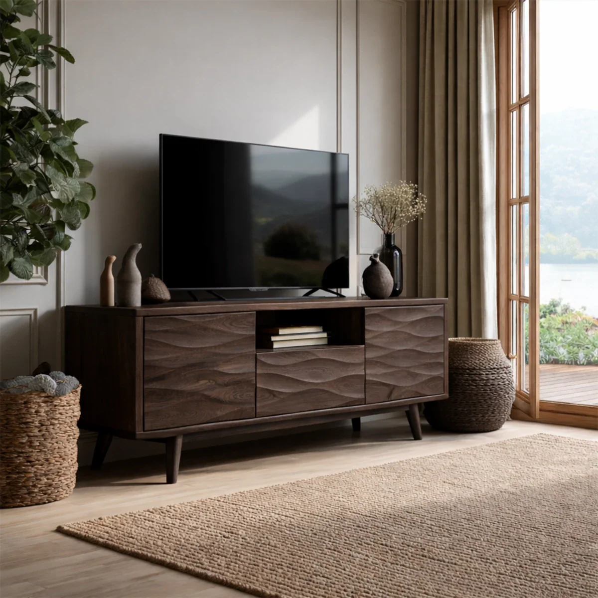 Natural Solid Wood TV Stand with Center Drawer and Side Door Storage - ArborisWood - 7
